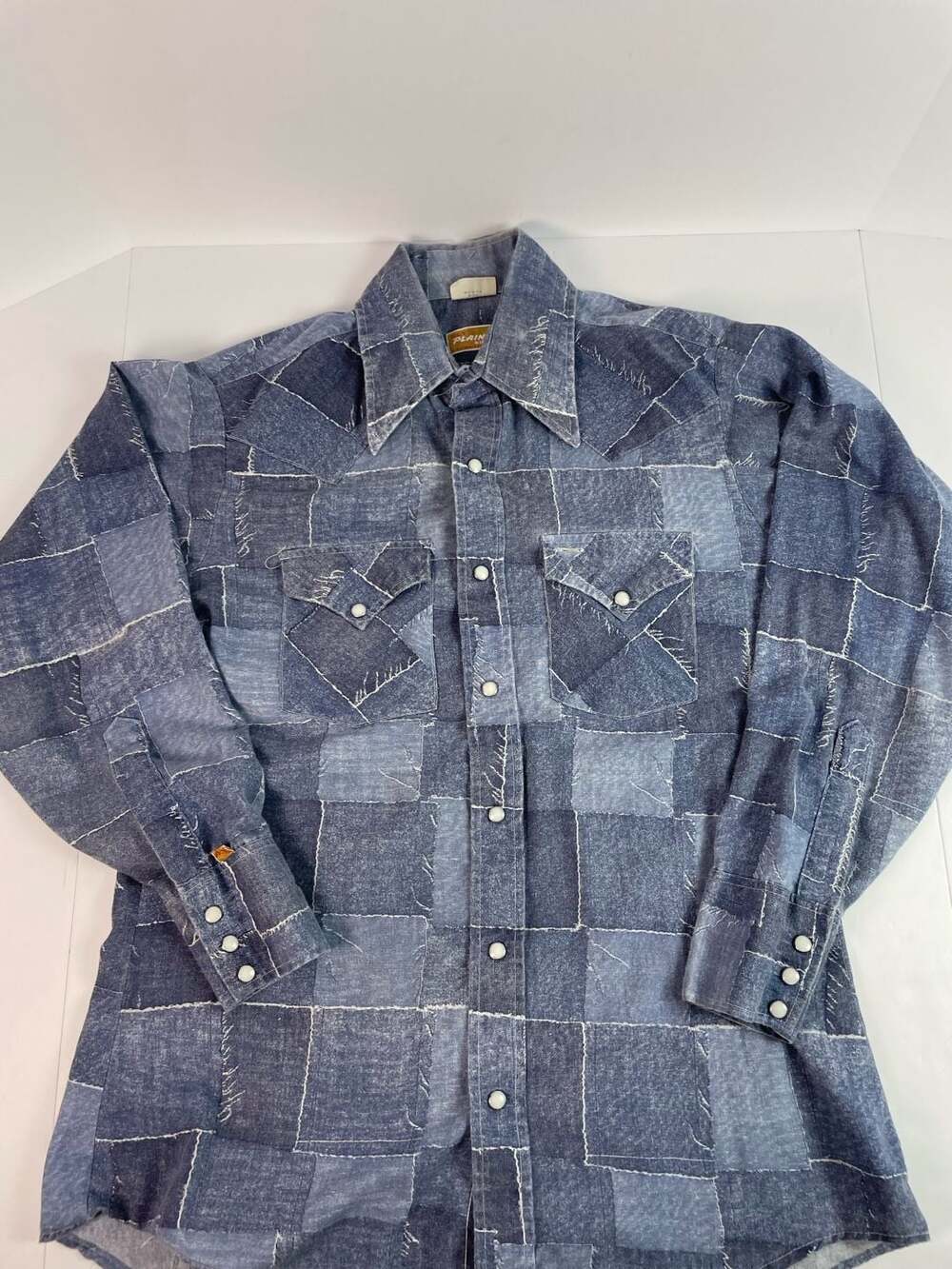 Vintage 70s Ely Plains Rider Patchwork Denim Print Pearl Snap Western Shirt